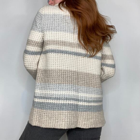 Vintage Y2K Eddie Bauer Neutral Tan Gray Stripped Half ZIP Wool Blend Sweater - Picture 6 of 11